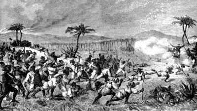 An old, black and white drawing depicts the 1878 Fireburn labor riot in the Caribbean.