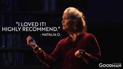 A woman performs in a play with the words "I loved it! Highly recommend" next to her.